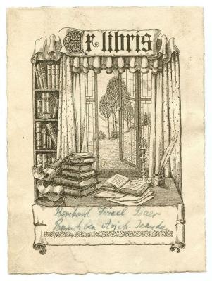 Exlibris-Nr.  301;- (Baer, Bernhard), Etikett: Exlibris, Abbildung; 'Ex Libris'.  (Prototyp);- (Baer, Bernhard), Von Hand: Autogramm, Name; 'Bernhard Israel Baer 
Baruch ben Arjeh Jehuda'. 