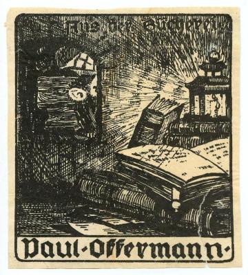 Exlibris-Nr.  297;- (Offermann, Paul), Etikett: Exlibris, Name, Abbildung; 'Aus der Bücherei Paul Offermann'.  (Prototyp)