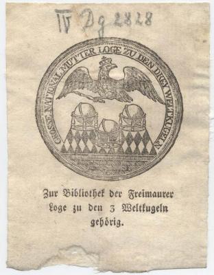 Exlibris-Nr. 265;- (Große National-Mutterloge Zu den drei Weltkugeln), Etikett: Exlibris, Name, Abbildung; 'Große National Mutter Loge zu den Drey Weltkugeln Zur Bibliothek der Freimaurer Loge zu den 3 Weltkugeln gehörig'.  (Prototyp);- (Große National-Mutterloge Zu den drei Weltkugeln), Von Hand: Signatur; '[.] [..] [####]'.  (Prototyp)