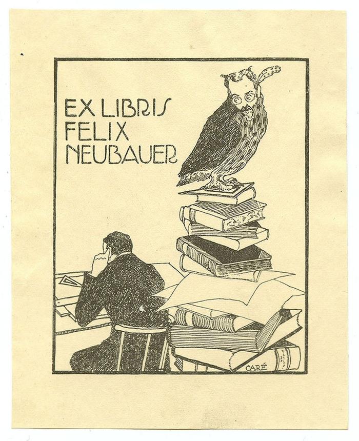 Exlibris-Nr.  351;- (Neubauer, Felix), Etikett: Exlibris, Portrait, Name, Abbildung; 'Ex Libris Felix Neubauer
Caré'.  (Prototyp)