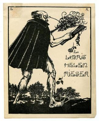 Exlibris-Nr.  402;- (Rieser, Helen), Etikett: Exlibris, Name, Initiale, Abbildung; 'Ex Libris Helen Rieser E R'.  (Prototyp)