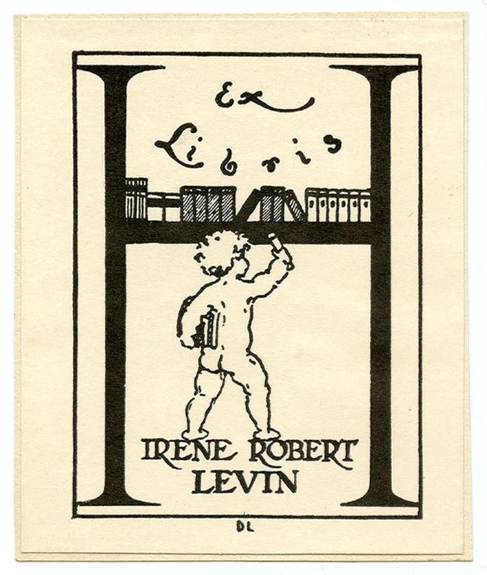 Exlibris-Nr.  414;- (Levin, Irene;Levin, Robert), Etikett: Exlibris, Name, Initiale, Abbildung; 'Ex Libris Irene Robert Levin
DL'.  (Prototyp)