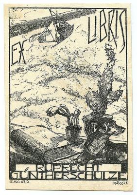 Exlibris-Nr.  387;- (Schulze, Ruprecht Günther), Etikett: Exlibris, Name, Datum, Abbildung; 'Ex Libris Ruprecht Günther Schulze
ESCHRD März 28'.  (Prototyp)