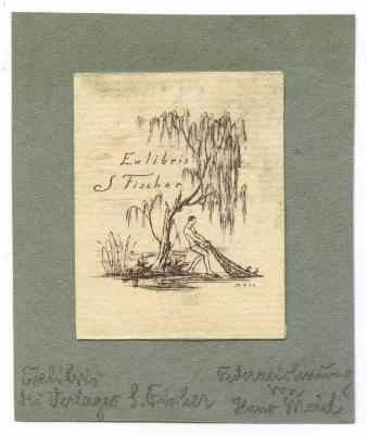 Exlibris-Nr.  396;- (Fischer, Samuel), Etikett: Exlibris, Name, Abbildung; 'Ex Libris S. Fischer
Meid'.  (Prototyp);- (Pohl, Hans), Von Hand: Name, Notiz; 'Exlibris des Verlegers S. Fischer Federzeichnung von Hans Meid'. 