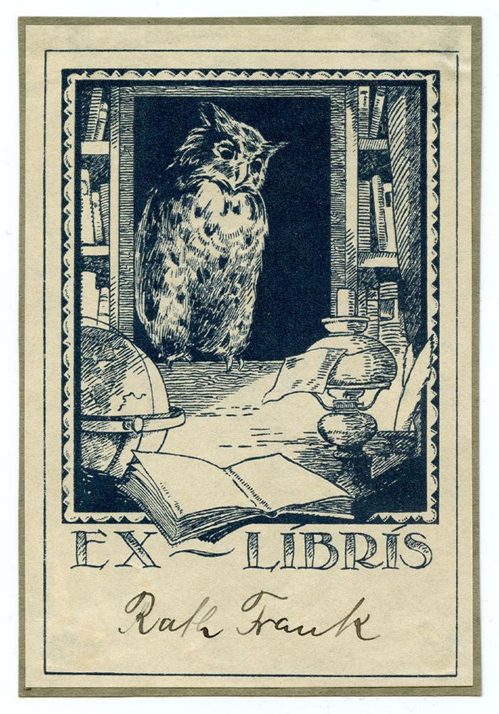 Exlibris-Nr.  428;- (Rath, Frank), Etikett: Exlibris, Abbildung; 'Ex Libris'.  (Prototyp);- (Rath, Frank), Von Hand: Autogramm, Name; 'Rath Frank'. 