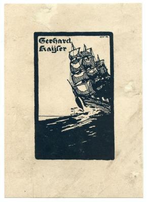 Exlibris-Nr.  356;- (Kayser, Gerhard), Etikett: Exlibris, Name, Initiale, Datum, Abbildung; 'Gerhard Kaÿser O.V. 13'.  (Prototyp)