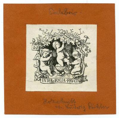 Exlibris-Nr.  429;- (Pohl, Hans), Von Hand: Name, Notiz; 'Exlibris Holzschnitt von Ludwig Richter'. ;- (Jahn, Otto (Exlibris)), Etikett: Exlibris, Initiale, Motto, Abbildung; 'O J
Inter Folia Fructus'.  (Prototyp)