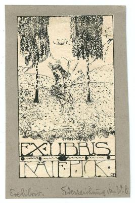 Exlibris-Nr.  398;- (Pick, Käte), Etikett: Exlibris, Name, Initiale, Abbildung; 'Ex Libris Käte Pick WB'.  (Prototyp);- (Pohl, Hans), Von Hand: Exlibris, Monogramm, Notiz; 'Exlibris Federzeichnung von W.B.'. 