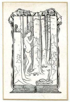 Exlibris-Nr.  390;- (Bamberger, Max), Etikett: Exlibris, Name, Abbildung; 'Ex Libris Max Bamberger'.  (Prototyp)