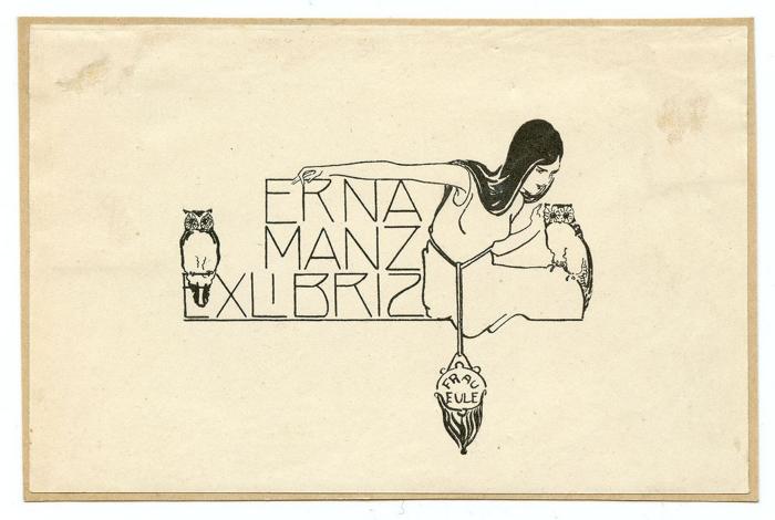 Exlibris-Nr.  419;- (Manz, Erna), Etikett: Exlibris, Name, Abbildung; 'Erna Manz Exlibris Frau Eule'.  (Prototyp)