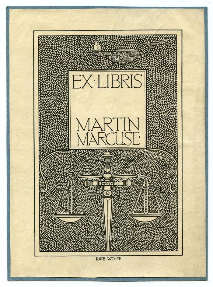 Exlibris-Nr.  409;- (Marcuse, Martin), Etikett: Exlibris, Name, Abbildung; 'Ex Libris Martin Marcuse Käte Wolff.'.  (Prototyp)