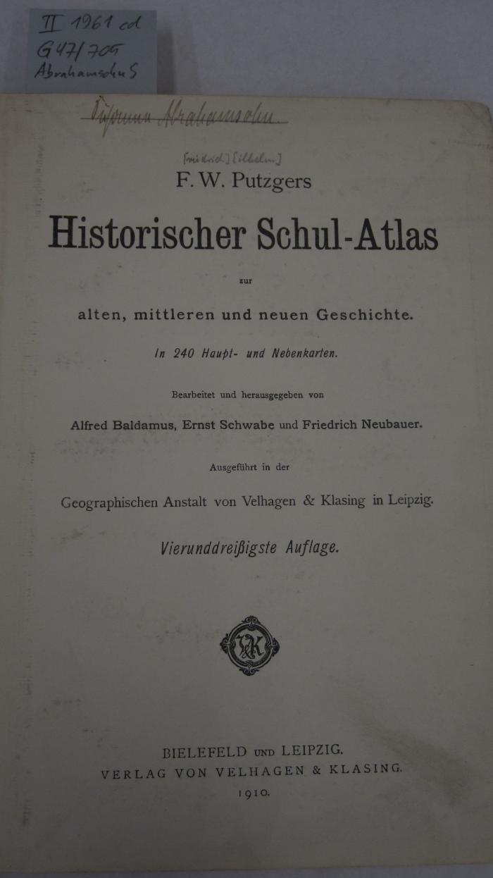 II 1961 cd 1910: Historischer Schul-Atlas (1910)