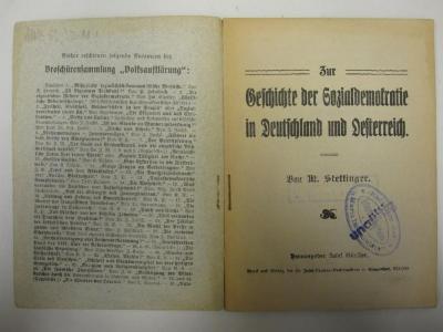 MB 6404: Zur Geschichte der Sozialdemokratie in Deutschland und Österreich (o.J.);- (St. Bonifatiuskloster Hünfeld. Bibliothek), Stempel: Name, Ortsangabe; 'Redaktion der Maria Immaculata Hünfeld bei Fulda'.  (Prototyp)