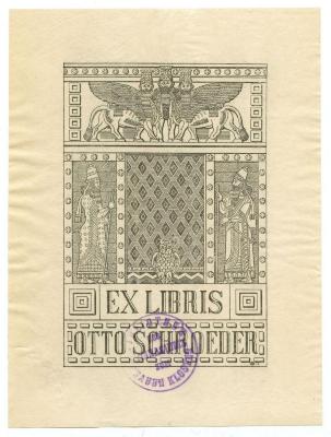 Exlibris-Nr.  434;- (Schroeder, Otto), Etikett: Exlibris, Name, Datum, Abbildung; 'Ex Libris Otto Schoeder
[.] 12'.  (Prototyp);- (Berlinisches Gymnasium Zum Grauen Kloster), Stempel: Berufsangabe/Titel/Branche, Name, Ortsangabe; 'Bibliothek des Gymnasiums zum Grauen Kloster'.  (Prototyp)