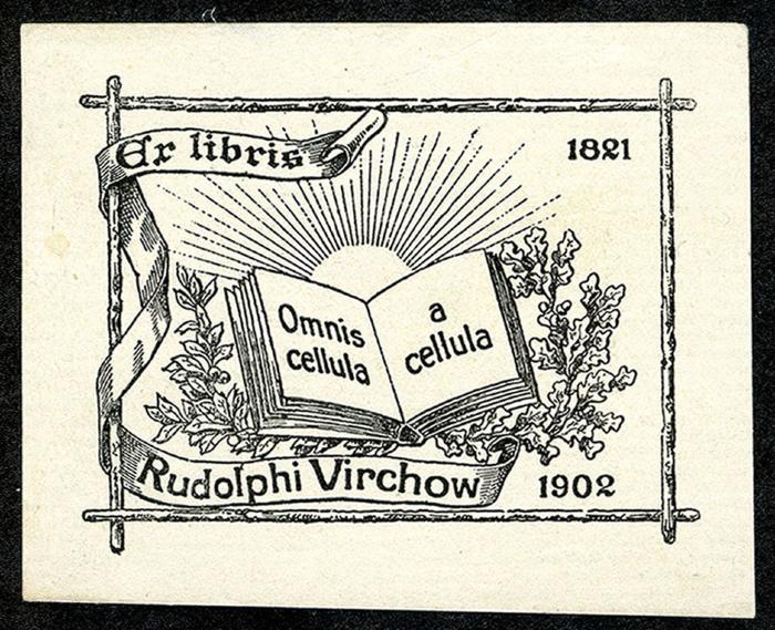 Exlibris-Nr.  512;- (Virchow, Rudolf), Etikett: Exlibris, Motto, Name, Datum, Abbildung; 'Exlibris Rudolphi Virchow Omnis cellula a cellula 1821 1902'.  (Prototyp)