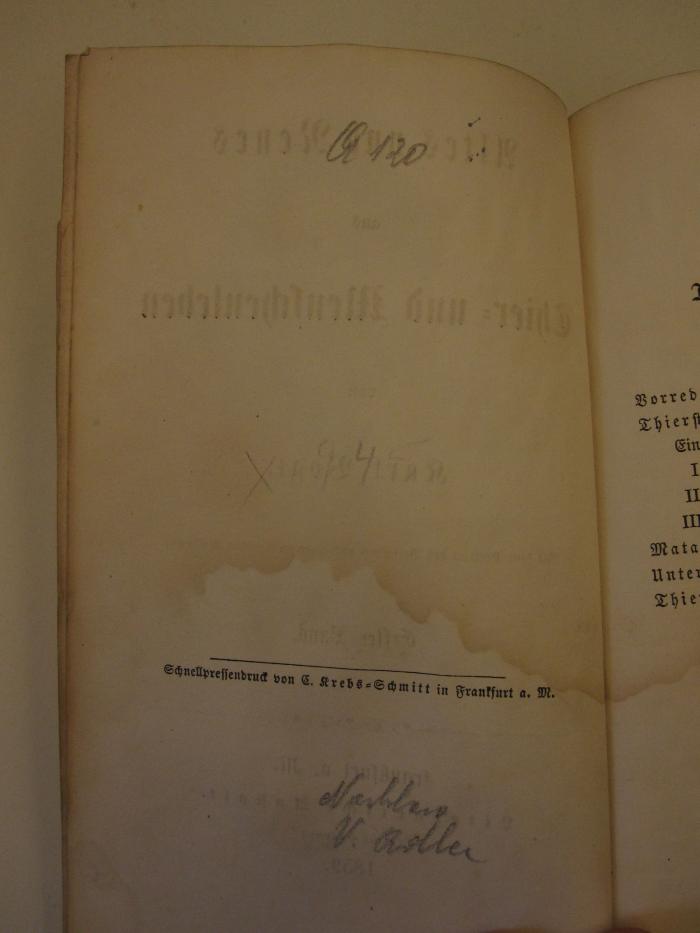 A 120 : Altes und Neues aus Thier- und Menschenleben (1859);- (Berliner Stadtbibliothek), Von Hand: Signatur; 'X 945 a'. 