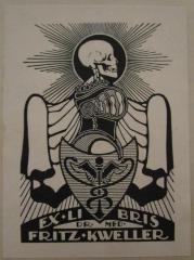 D51 / 377 (Kweller, Fritz), Etikett: Exlibris, Name, Wappen, Berufsangabe/Titel/Branche; 'Ex Libris Dr. Med. Fritz Kweller'.  (Prototyp)