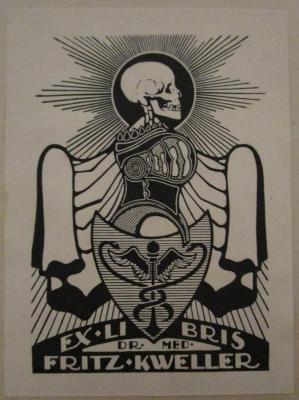 D51 / 377 (Kweller, Fritz), Etikett: Exlibris, Name, Wappen, Berufsangabe/Titel/Branche; 'Ex Libris Dr. Med. Fritz Kweller'.  (Prototyp); Haarausfall, Glatze, Haarergrauen : Neue Beobachtungen über die Wirkung der ultravioletten Strahlen bei inneren und Nervenkrankheiten ([1921])
