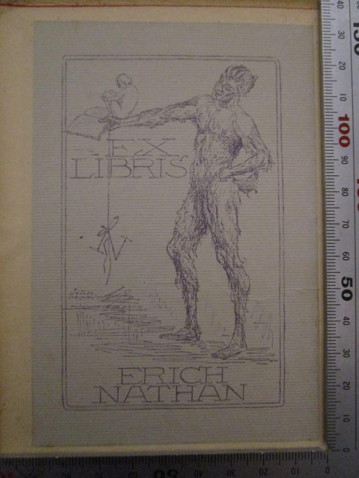- (Nathan, Erich), Etikett: Exlibris, Name, Initiale; 'Ex Libris Erich Nathan
N
John Depol'.  (Prototyp); Märztrieb : Die Geschichte einer Jugendliebe : Roman ([1920])