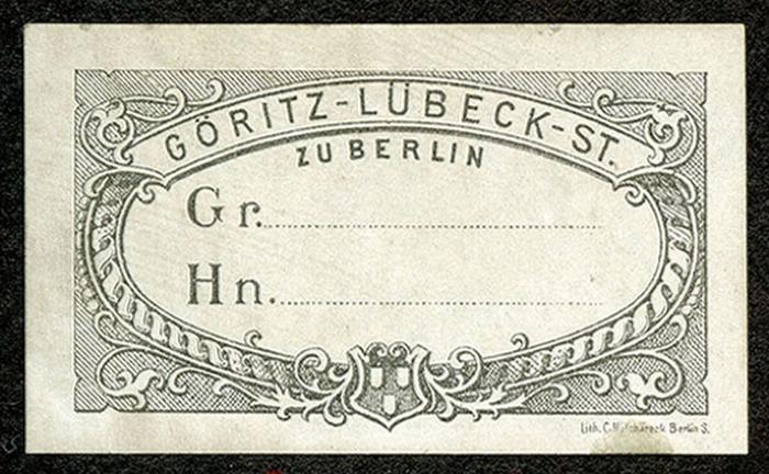 Exlibris-Nr.  506;- (Göritz-Lübeck-Stiftung), Etikett: Exlibris, Name, Ortsangabe; 'Göritz-Lübeck-St. Zu Berlin Gr. Hn.'.  (Prototyp)