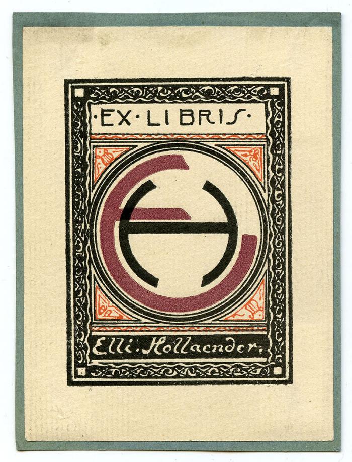 Exlibris-Nr.  441;- (Hollaender, Elli), Etikett: Exlibris, Monogramm, Name, Abbildung; 'Ex Libris EH Elli Hollaender'.  (Prototyp)