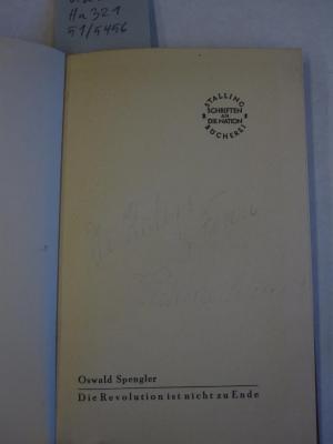 Hn 321: Die Revolution ist nicht zu Ende (1924);51 / 5456 (Kahn, Jacob;Kahn, Käthe), Von Hand: Autogramm, Name, Berufsangabe/Titel/Branche, Datum; 'Dr Kahn + Frau Weihnachten 32'. 