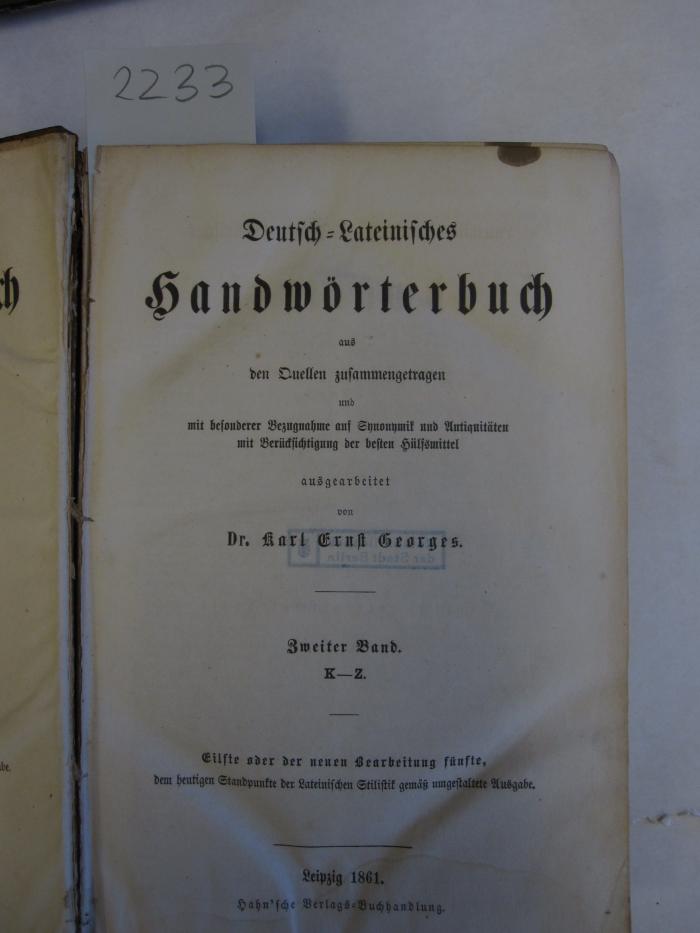  Deutsch-Lateinisches Handwörterbuch K. - Z. (1861)