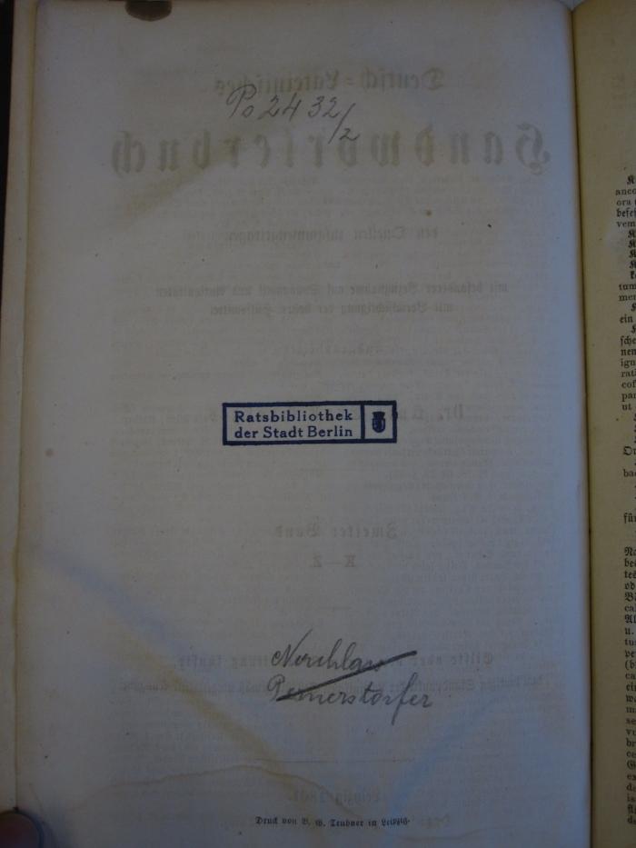  Deutsch-Lateinisches Handwörterbuch K. - Z. (1861);- (Kammer für Arbeiter und Angestellte für Wien), Von Hand: Signatur; 'Ps 2432/2'. 