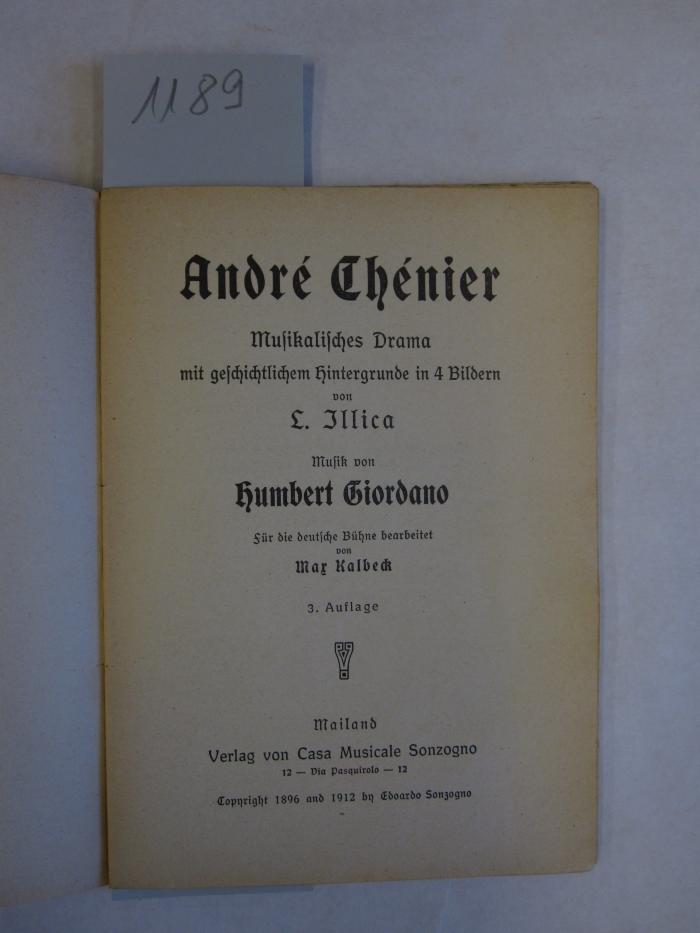  André Chénier : musikalisches Drama mit geschichtlichem Híntergrunde in 4 Bilder ([1912])