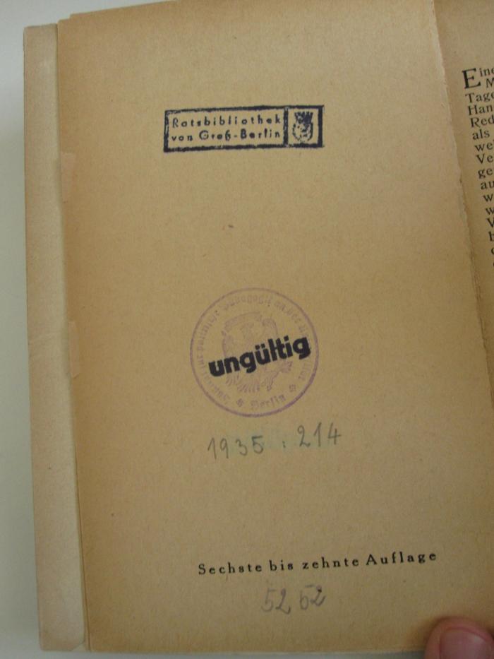 MB 5252: Cannes und Genua : Vier Reden zum Reparationsproblem (1922);- (Friedrich-Wilhelms-Universität Berlin. Institut für Politische Pädagogik), Von Hand: Inventar-/ Zugangsnummer; '1935 : 214'. 