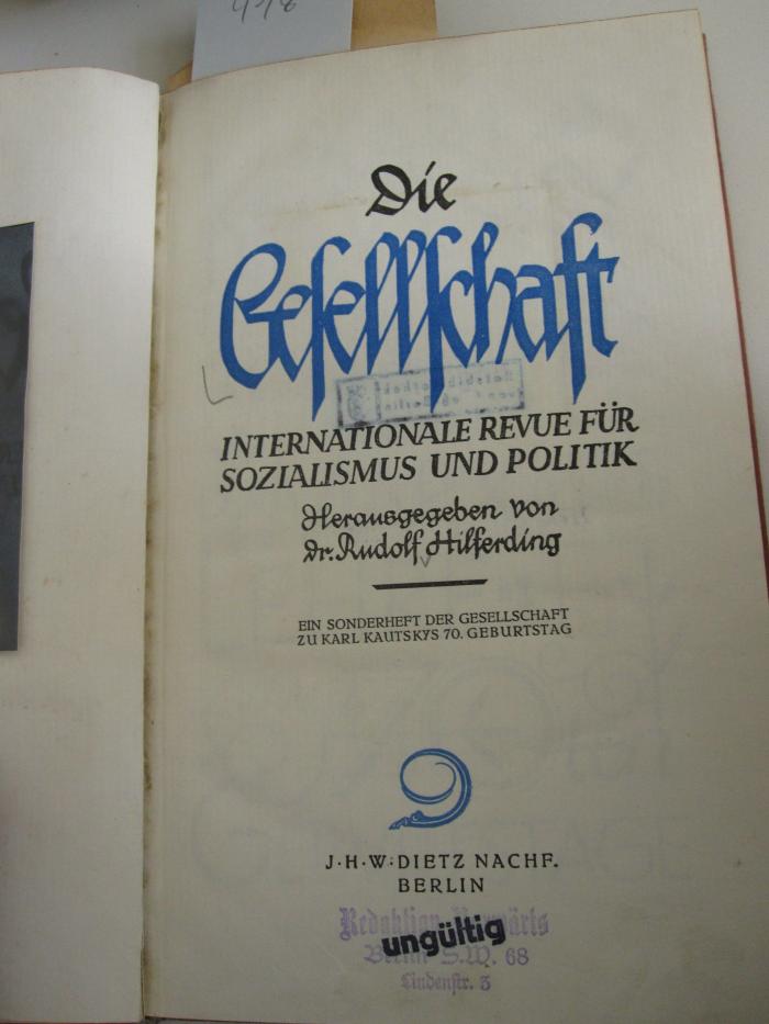 MB 13664: Ein Sonderheft der Gesellschaft zu Karl Kautskys 70. Geburtstag (um 1924)