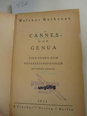 MB 5252: Cannes und Genua : Vier Reden zum Reparationsproblem (1922)