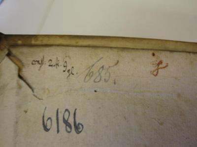  [Comoediae] Publii Terentii, Carthaginiensis Afri, Comoediae Sex : post optimas editiones emendatae (1644);- (Jüdisch-Theologisches Seminar Fraenckel'scher Stiftung (Breslau) ), Von Hand: Signatur; '6186'. ;- (unbekannt), Von Hand: Nummer; '685.'. ;- (unbekannt), Von Hand: Notiz; 'g'. ;- (unbekannt), Von Hand: Notiz, Nummer; '[...]: 2. [fl]. 9 gl.'. 