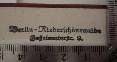  Reichsgesetzblatt : Teil 1 (1939);- (Scheel, Emilie), Stempel: Ortsangabe; 'Berlin-Niederschöneweide
Hasselwerderstr. 9'.  (Prototyp)