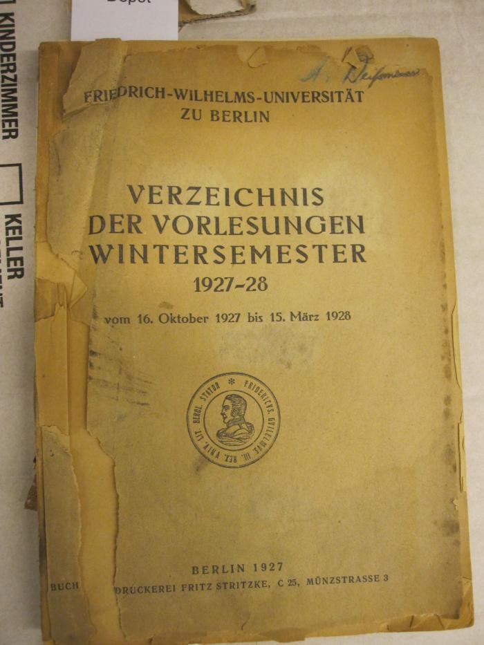  Verzeichnis der Vorlesungen Wintersemester 1927-28 (1927)