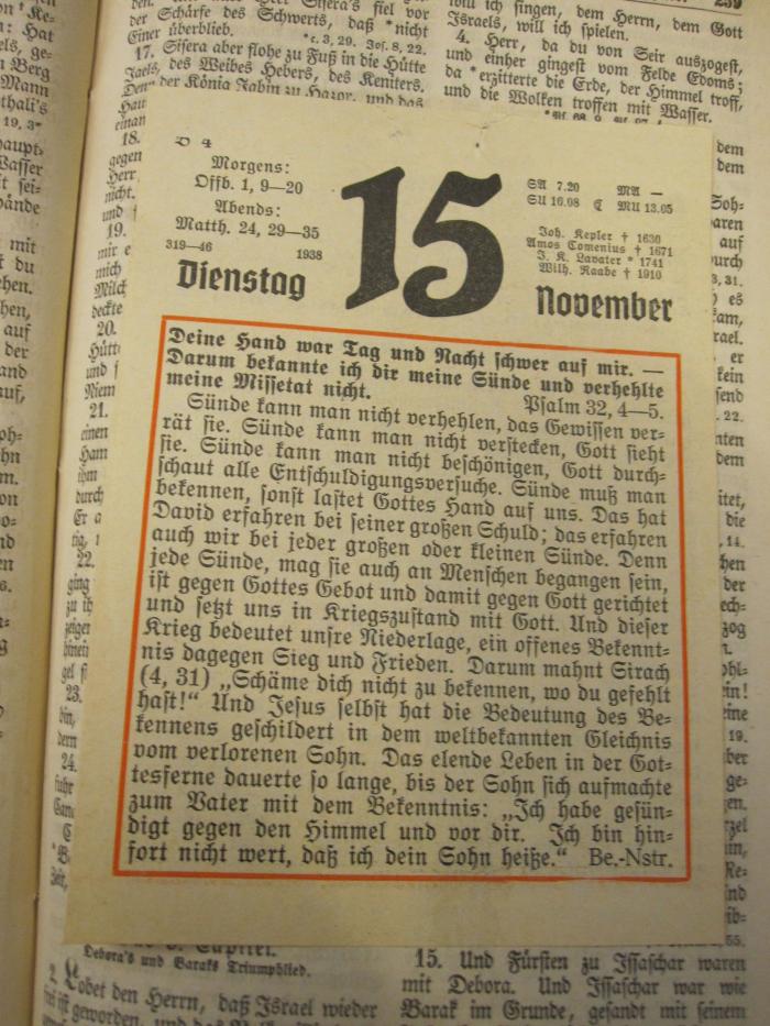  Die Bibel oder die ganze Heilige Schrift des alten und neuen Testaments (o.J.);- ([?], Paul), Papier: Lesezeichen, Datum; '20. Februar,
4. Juni,
17. Juni,
19. Juni,
15. November'. 