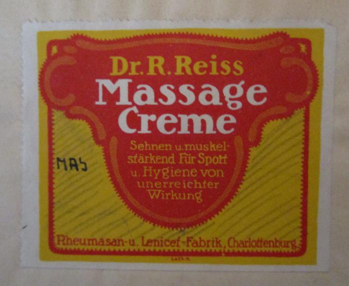 - (unbekannt), Papier: Lesezeichen; 'Dr. R. Reiss Massage Creme'. ; Hilfsbuch für den evangelischen Religionsunterricht an höheren Lehranstalten : Ausgabe B (1909)