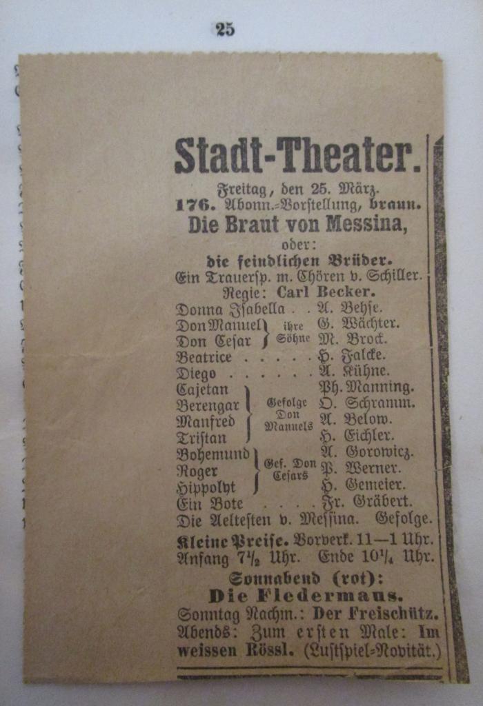  Schillers sämmtliche Werke in zwölf Bänden : Fünfter Band (1838);- (Bering, Rudolf), Papier: Lesezeichen; 'Stadt-Theater ...'. 