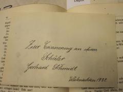 - (Schmidt, Gerhard;Abramovski, Frieda), Post: Name, Datum, Widmung; 'Zur Erinnerung an Ihren Schüler Gerhard Schmidt Weihnachten 1922.'. 