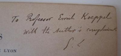  Quel fut le premier composé par Chaucer des Dux Prologues de la Légende des Femmes Exemplaires? (1900);- (Koeppel, Emil;Legouis, Émile), Von Hand: Name, Widmung, Berufsangabe/Titel/Branche, Initiale; 'To Professor Emile Koeppel with the Author's compliments E.L'. 