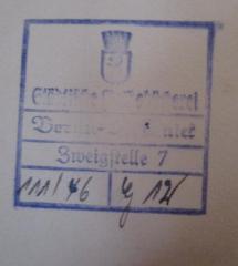 - (Städtische Volksbücherei Berlin-Köpenick), Stempel: Name, Ortsangabe; 'Städtische Musikbücherei Berlin-Köpenick Zweigstelle 7'.  (Prototyp)