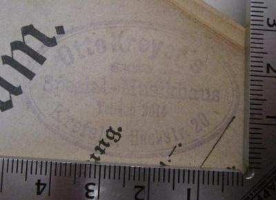 - (Otto Kreyer (Krefeld)), Stempel: Name, Ortsangabe, Buchhändler; 'Otto Kreyer's 
Spezial-Musikhaus
Telefon 2014 
Krefeld, Hochstr. 20'.  (Prototyp); Tenor-Album : 31 Tenorlieder  mit Originalklavierbegleitung (o.J.)