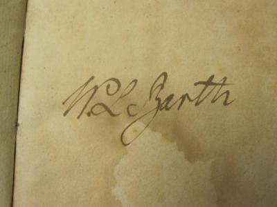 - (Barth, Wilhelm Lebercht), Von Hand: Name, Autogramm; 'W L Barth '. ; Reisen des Pythagoras nach Aegypten, Caldäa, Indien, Kreta, Sparta, Sicilien, Rom, Carthago, Marseille und Gallien, nebst seinen politischen und moralischen Gesetzen, aus dem Französischen übersetzt und mit einigen berichtigenden Anmerkungen begleitet. Zweiter Theil (1802)