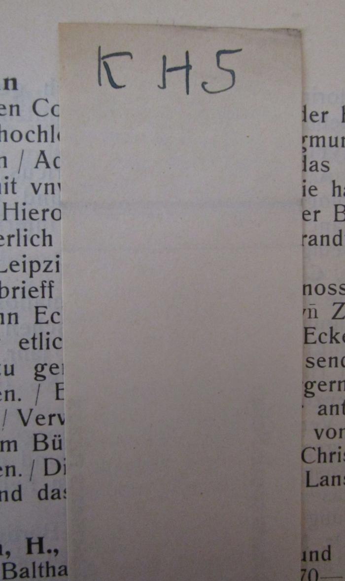  Teil-Katalog II der Karl Alexander-Biblitohek Eisenach : Abteilung: Wartburg-Bibliothek (1910);- (unbekannt), Papier: Signatur; 'KH 5'. 