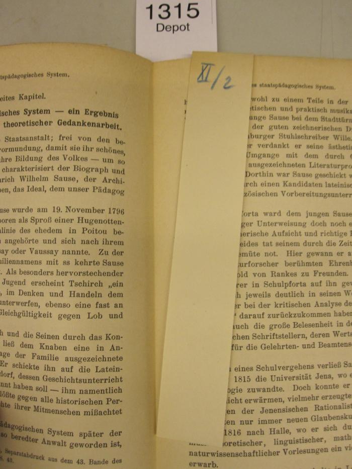  Wilhelm Sauses Staatspädagogik (1917);- (unbekannt), Von Hand: Nummer; 'XI/2'. 