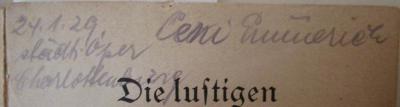 - (Emmerich, Leni), Von Hand: Autogramm, Name, Ortsangabe, Datum; '24.1.29. städt. Oper Charlottenburg Leni Emmerich'. ; Die lustigen Weiber von Windsor : Komisch-phantastische Oper in drei Aufzügen (o.J.)