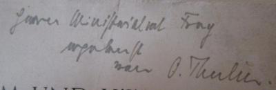  Volkstum und Völker in Luthers Reformation. Sonderdruck aus: Archiv für Reformationsgeschichte Jahrgang 40 - 1943 - Heft 1/3 (1944);- (Frey, [?];Thulin, Oskar), Von Hand: Name, Widmung, Berufsangabe/Titel/Branche; 'Herrn Ministerialrat Frey ergebenst von O. Thulin.'. 
