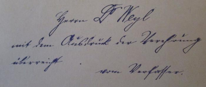  Wilhelm Sauses Staatspädagogik (1917);- (Kramer, Franz;Weyl, [?]), Von Hand: Name, Widmung; 'Herrn Dr. Weyl mit dem Ausdruck der Verehrung überreicht. vom Verfasser.'. 