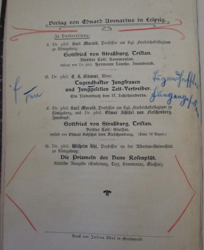  Das Nibelungenlied und seine Literatur : Supplement (1909);- (unbekannt), Von Hand: Annotation. 
