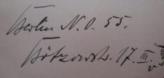 - (Zinke, Benno), Von Hand: Autogramm, Ortsangabe, Name; 'Berlin N.O. 55. Benno Zinke 
Bötzowstr. 17.III.v'. 